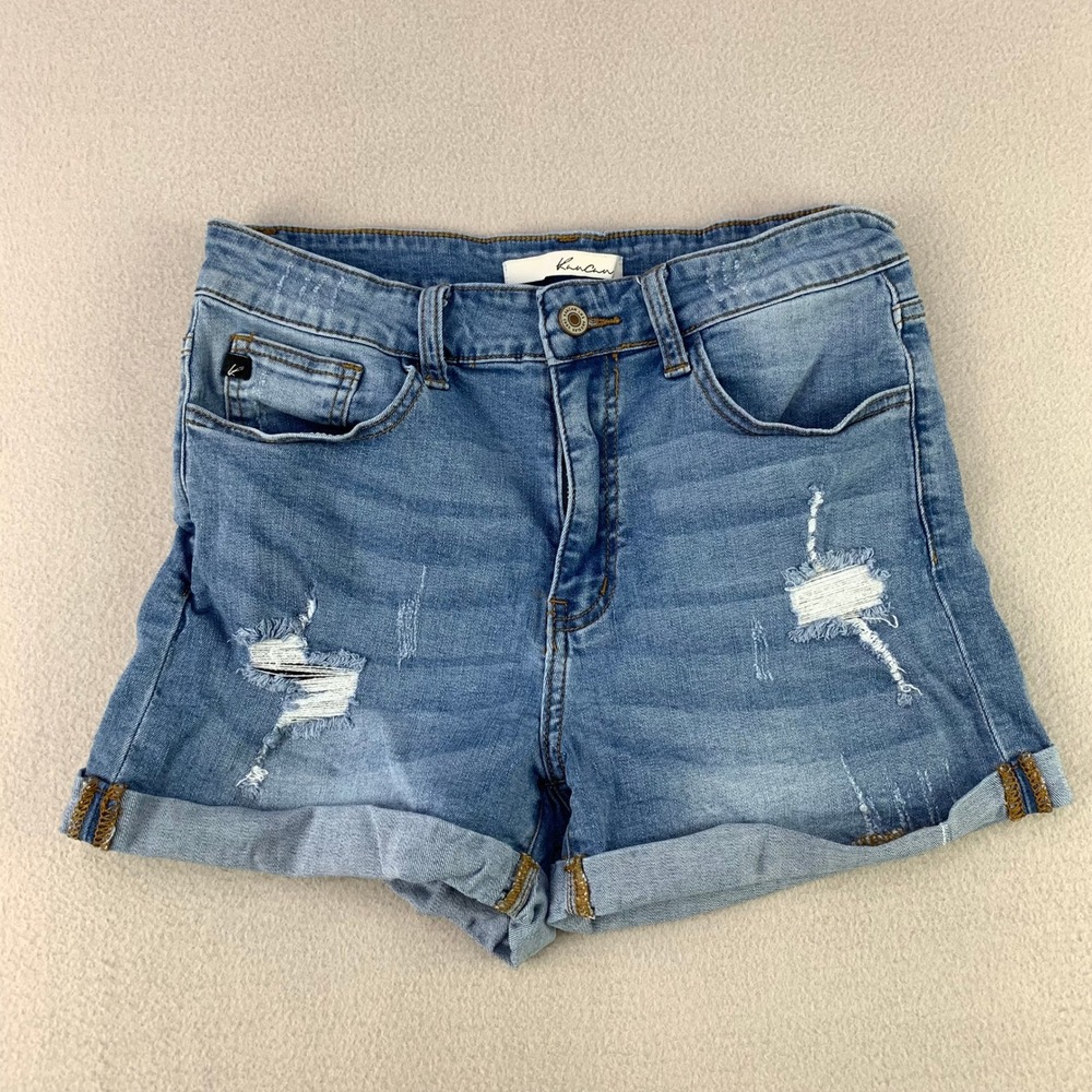 KanCan Denim Shorts Women 28 Blue Distressed Cuffed High Rise Jean Stretch